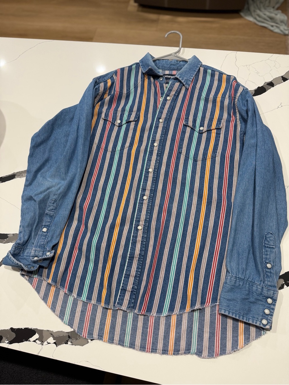 Wrangler Denim Button-Down Shirt with Multicolor Vertical Stripes